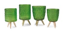 Glas flower pot green with wooden legs SET/4